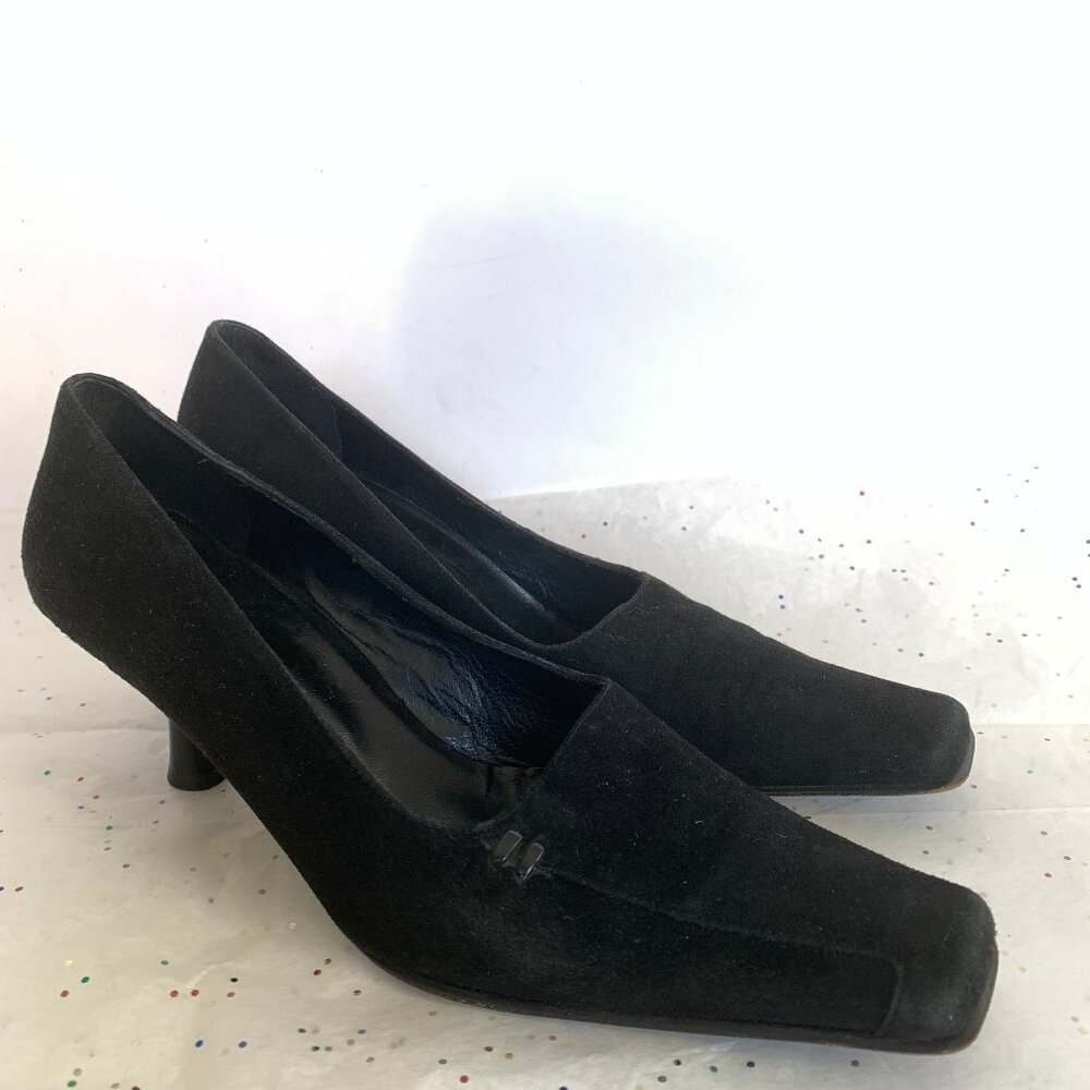 Vintage Y2K Vergina Black Suede Square Flat Toe Kitten Heel Pumps - Size 38 7.5